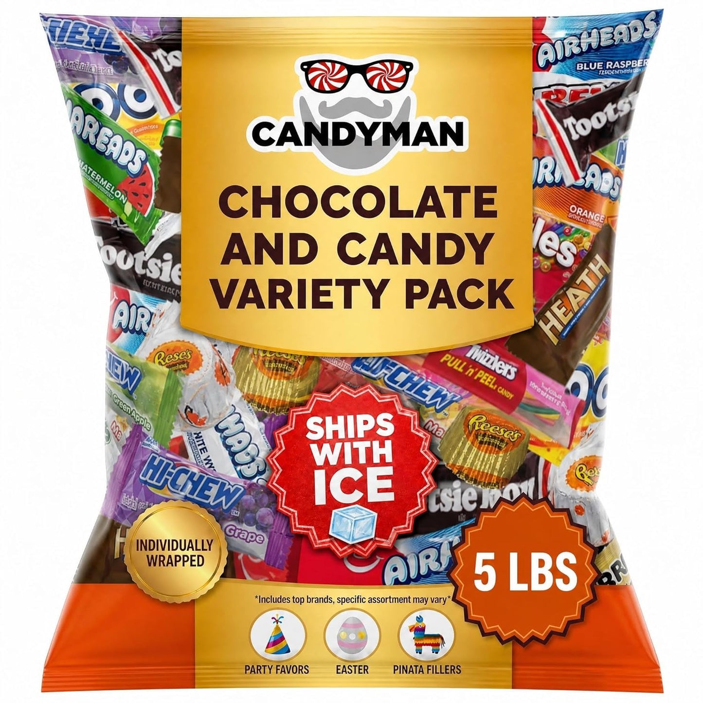 CANDYMAN (5 LB) Chocolate Candy Variety Pack — Individually Wrapped Bulk Candy Mix, Fun & Mini Size Treats for, Pinata Fillers for Kids, Party Favors, Father's Day, Ship with Ice