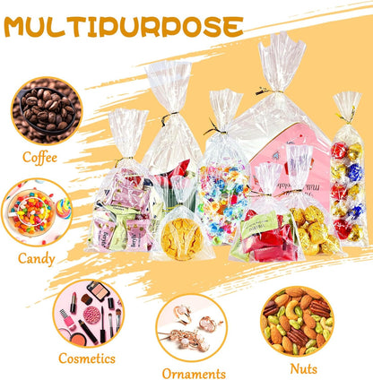 5x7 Inch Iridescent Cellophane Treat Bags with Twist Ties, Treat Bags for Candy Cookie Goodie Chocolates, And Popcorn