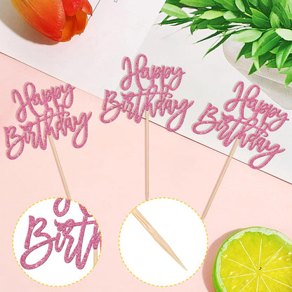 24 PCS Happy Birthday Cupcake Toppers Glitter Picks for Celebrating Anniversary Theme Party Cake Decorations Supplies Gold