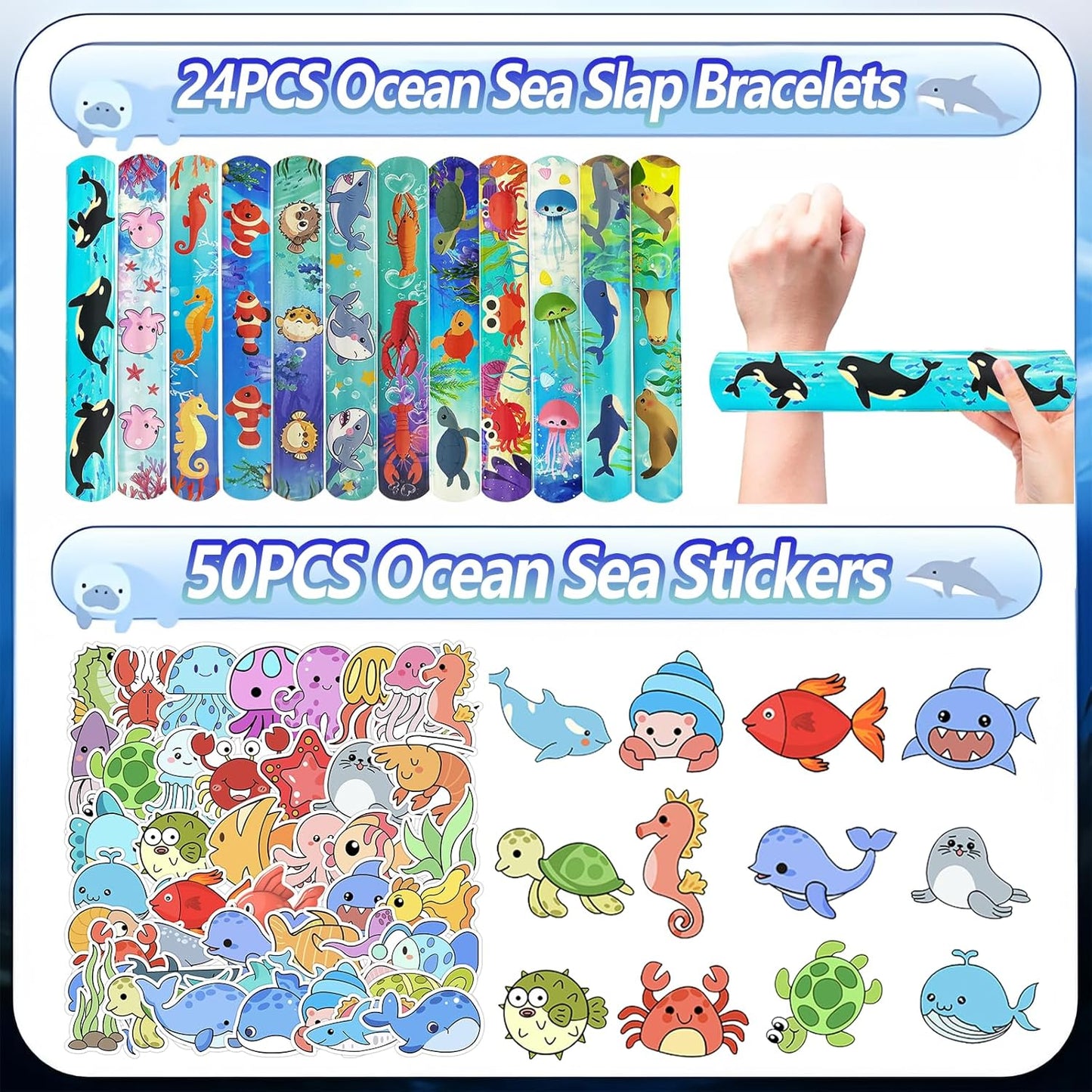 74PCS Ocean Animals Party Favor 50PCS Under the Sea Party Stickers&24PCS Slap Bracelets Sea Animals Birthday Supplies Team Gift Filler