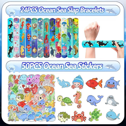 74PCS Ocean Animals Party Favor 50PCS Under the Sea Party Stickers&24PCS Slap Bracelets Sea Animals Birthday Supplies Team Gift Filler