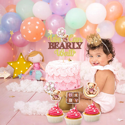 36Pcs Blue Baby Bear Cupcake Toppers Balloon Teddy Bears Cupcake Picks for Blue Baby Shower Gender Reveal Boys Bearly Birthday Cupcake Decorations We Can Bearly Wait Party Decorations Supplies