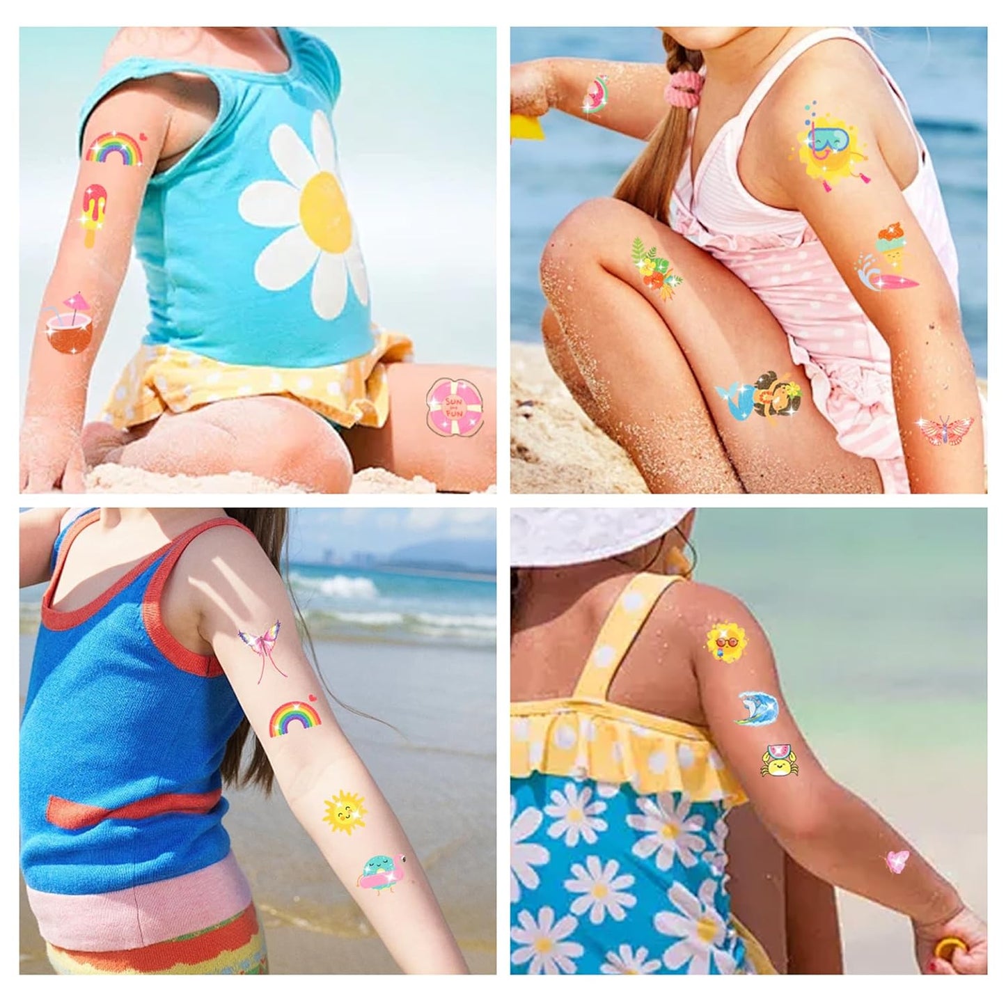 120 PCS Glitter Summer Temporary Tattoos For Kids - Hawaiian Luau Party Favors, Adults Bulk Fun Pool Party Supplies and Tropical Beach Theme Waterproof Decorations