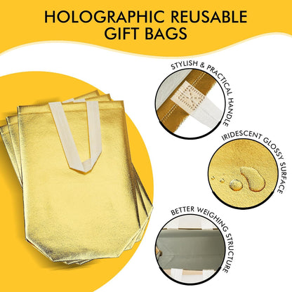 RACETOP 15 Pcs Iridescent Glossy Gift Bags Medium Size, 8x4x10 Inch Holographic Reusable Gift Bags with Handles, Ideal for Birthday, Wedding, Bachelorette, Party Favors, Holiday Goodie