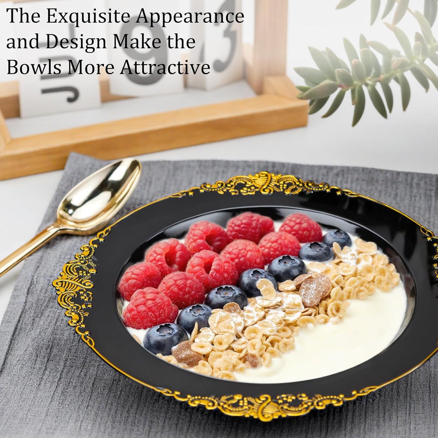 Nervure 50 Pack White Plastic Bowls with Gold Rim - 12oz Disposable Soup Bowls - Heavy Duty Dessert Bowl, Salad Bowl Perfect for Weddings, Parties, Mothers Day