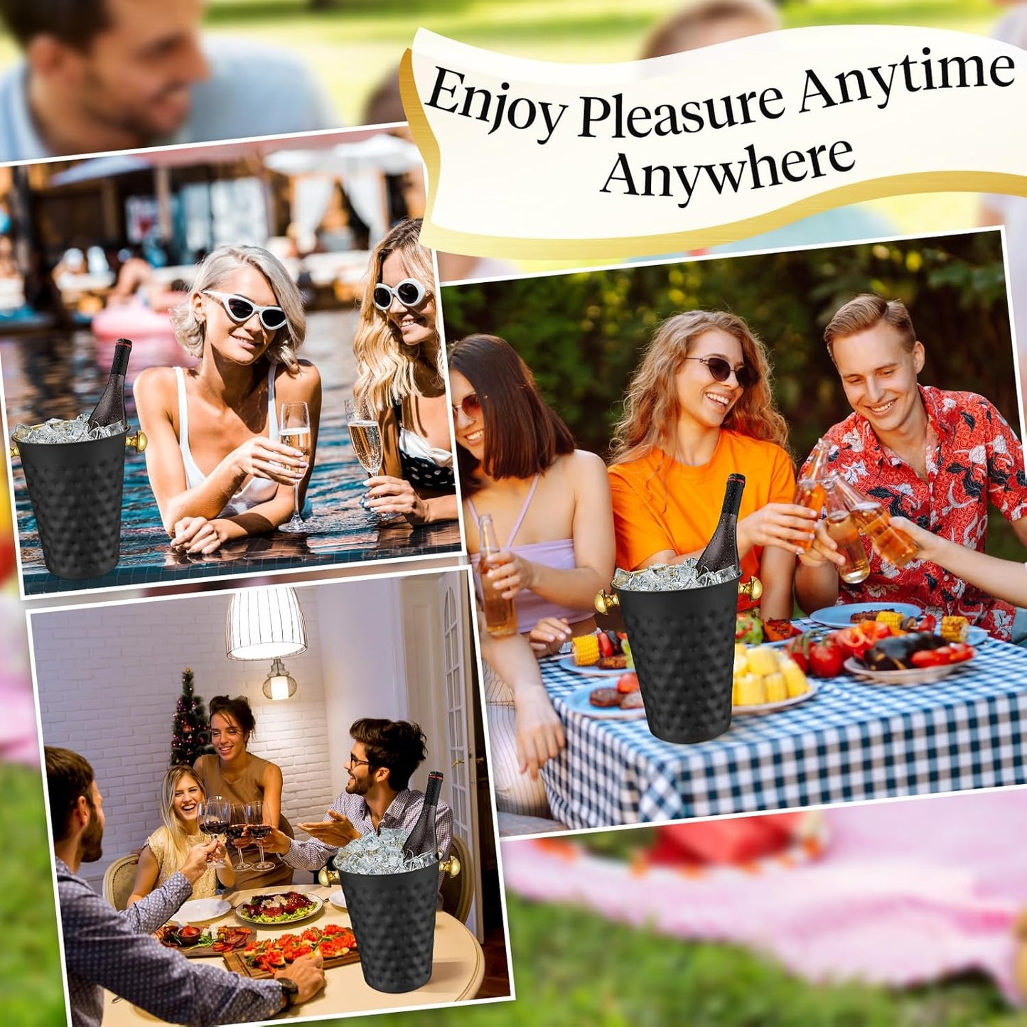 MorningRo 2 Pcs 5 Quart Black Champagne Ice Bucket 4.7 L Metal Doublewall Hammered Stainless Steel Wine Beer Chiller Home Bar Accessories for Football Sports Wedding Party Summer BBQ (Beveled Mouth)