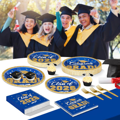 200Pcs Graduation Decorations 2026, Blue Graduation Plates and Napkins Party Supplies for 50 Guests, Disposable Grad Plates, Napkins, Dessert Plates and Forks for Grad Decor Wedding Birthday Supplies