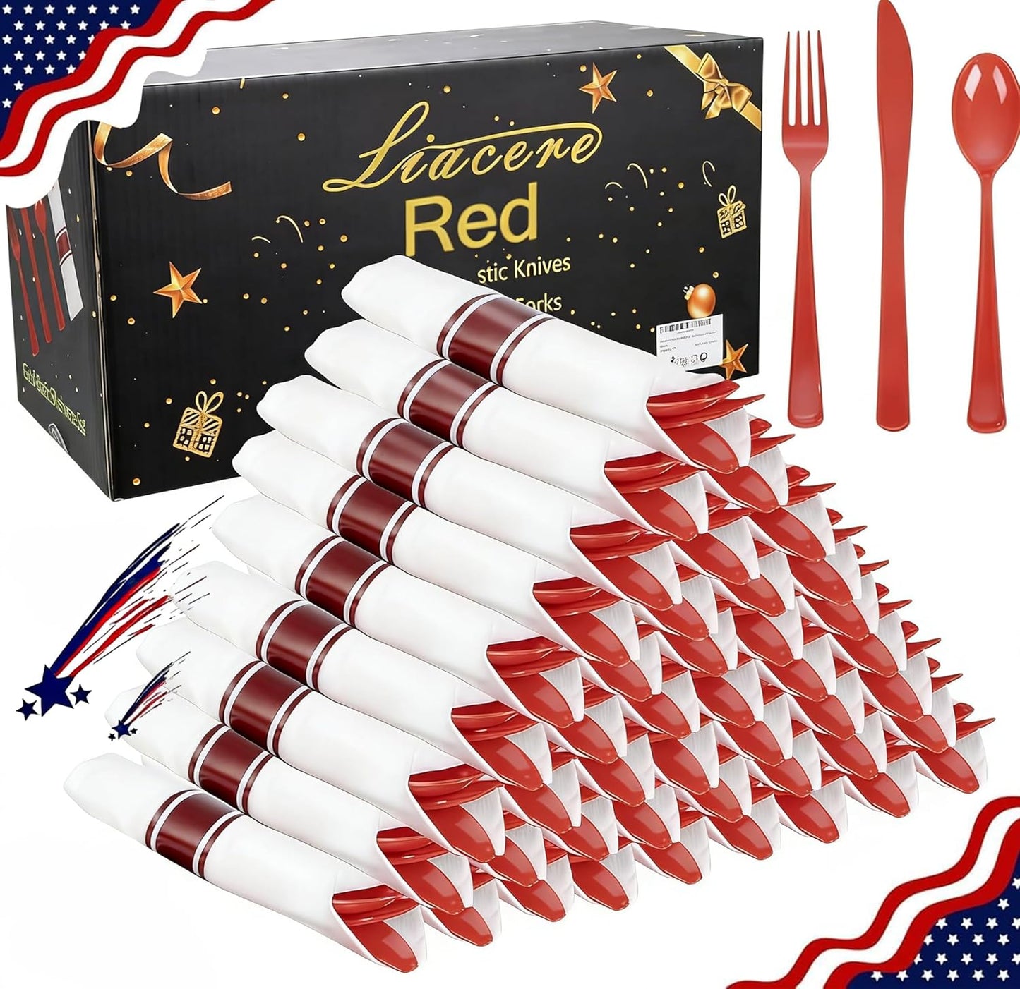 Liacere 100 Pack Silver Plastic Silverware-Pre Wrapped cutlery and Napkin-Pre Rolled Silverware Disposable 100 Forks, 100 Knives 100 Spoons, 100 Napkins Plastic Utensils＆Wedding