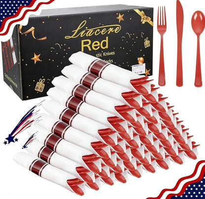 Liacere 100 Pack Silver Plastic Silverware-Pre Wrapped cutlery and Napkin-Pre Rolled Silverware Disposable 100 Forks, 100 Knives 100 Spoons, 100 Napkins Plastic Utensils＆Wedding