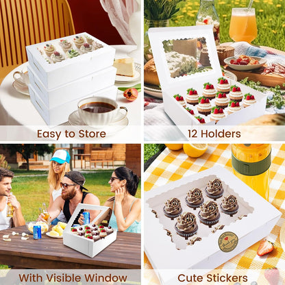 12PCS Cupcake Boxes 12 Count Cupcake Container with Window White Cupcake Holder Holding 144 Cupcakes for Birthday Holiday Party Bakery Supplies