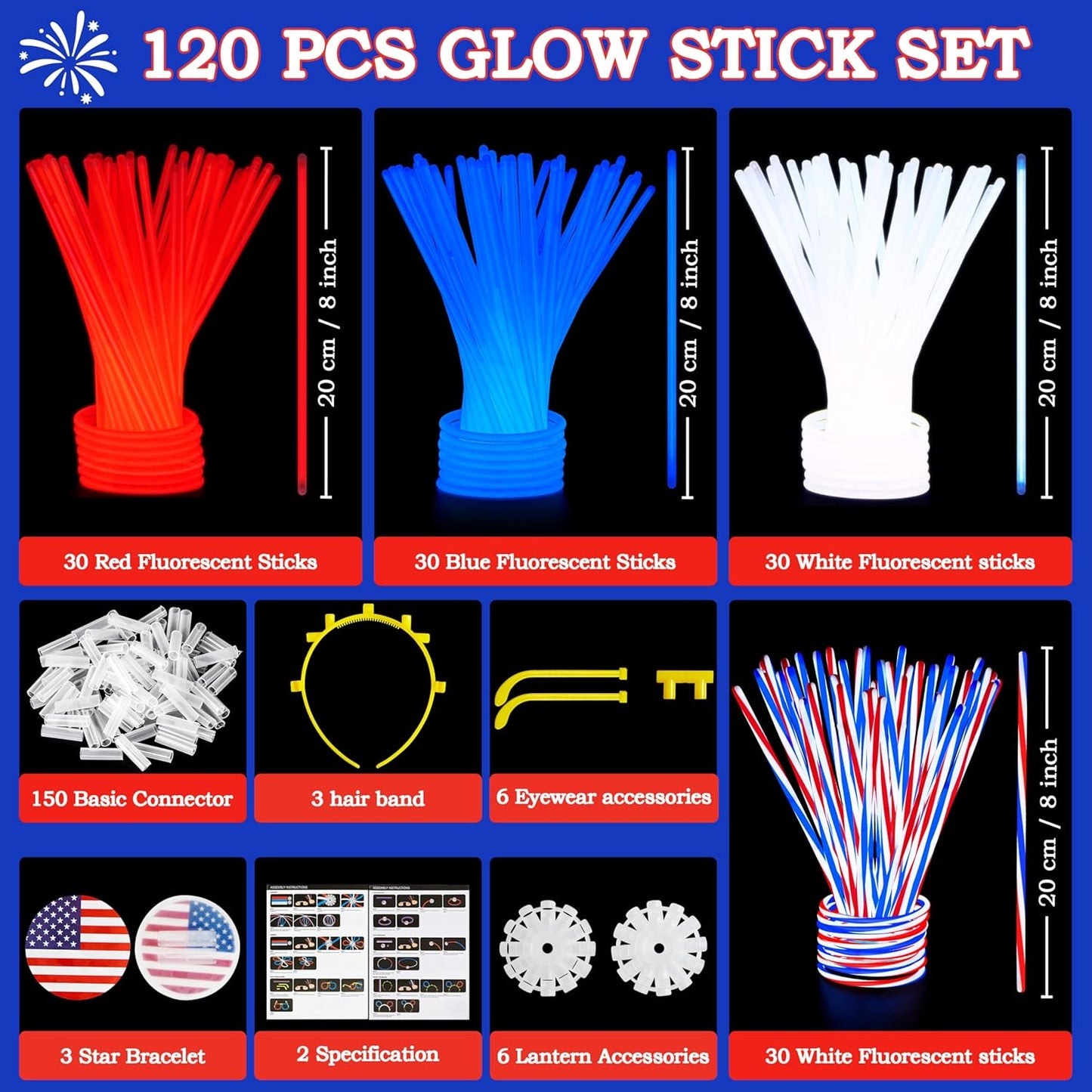 JOYIN 120 Pcs 4th of July Glow Sticks Bulk, 8” Red White Blue Striped Lightup Sticks with Connectors, Glow in the Dark Headband Bracelet Necklace for Independence Day Party Favor Accessory Supply