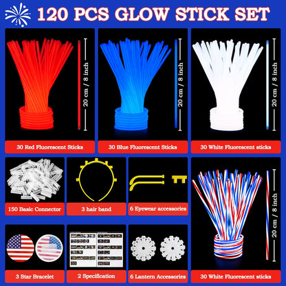 JOYIN 120 Pcs 4th of July Glow Sticks Bulk, 8” Red White Blue Striped Lightup Sticks with Connectors, Glow in the Dark Headband Bracelet Necklace for Independence Day Party Favor Accessory Supply
