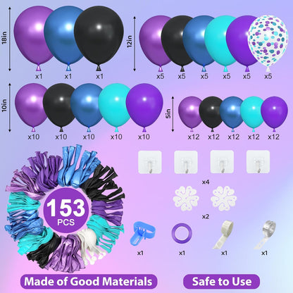 Amandir 153pcs Purple Blue Pink Balloon Garland Arch Kit, Different Sizes 18 12 10 5 inch Teal Yellow Latex Metallic Confetti Balloons for Magic Birthday Engagement Party Decoration