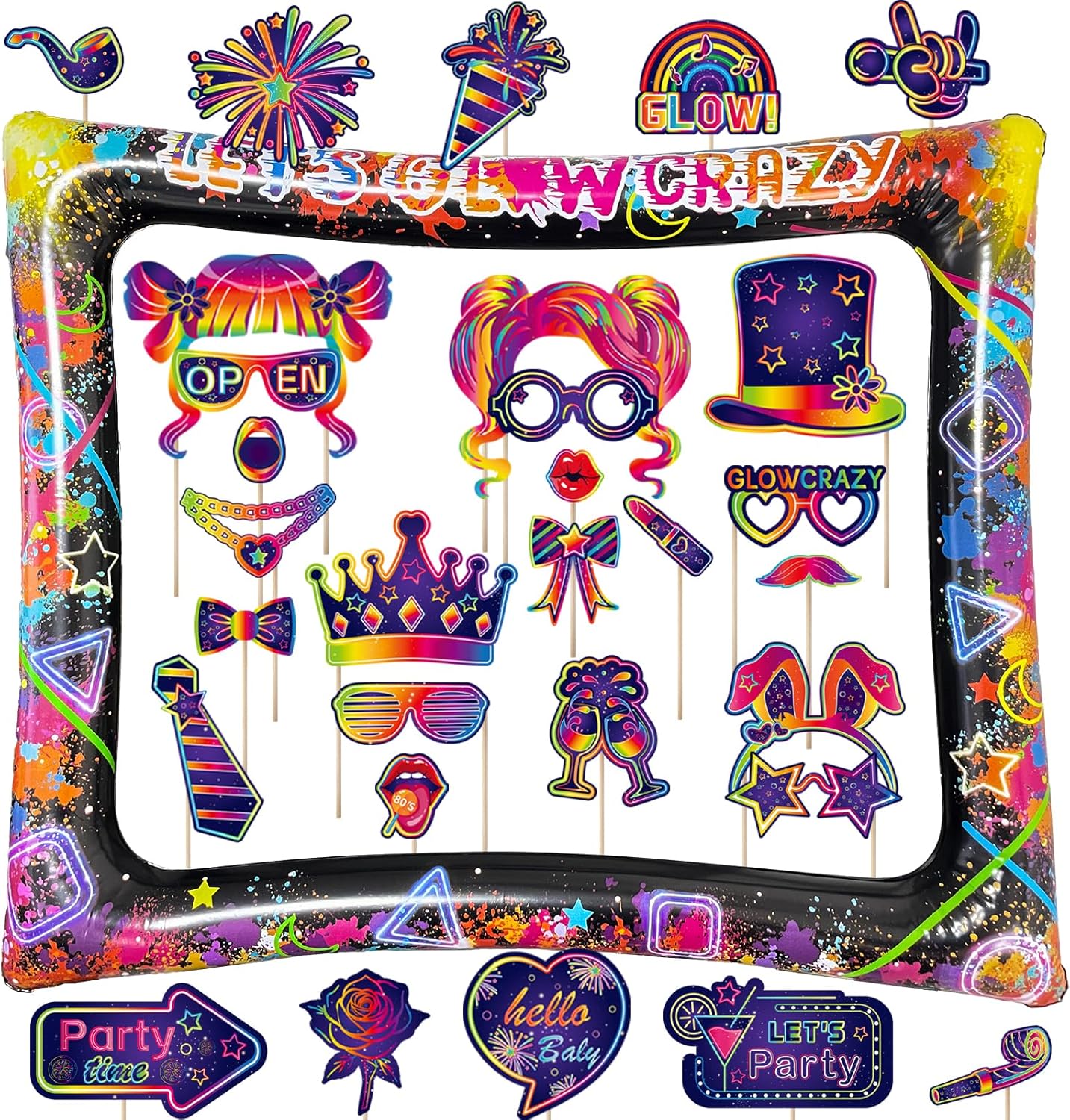 Hawaiian Photo Booth Props & Inflatable Frame, 30Pcs Luau Photobooth Props with Large Inflatable Inflatable Selfie Picture Frame for Summer Tropical Aloha Luau Party Selfie Supplies