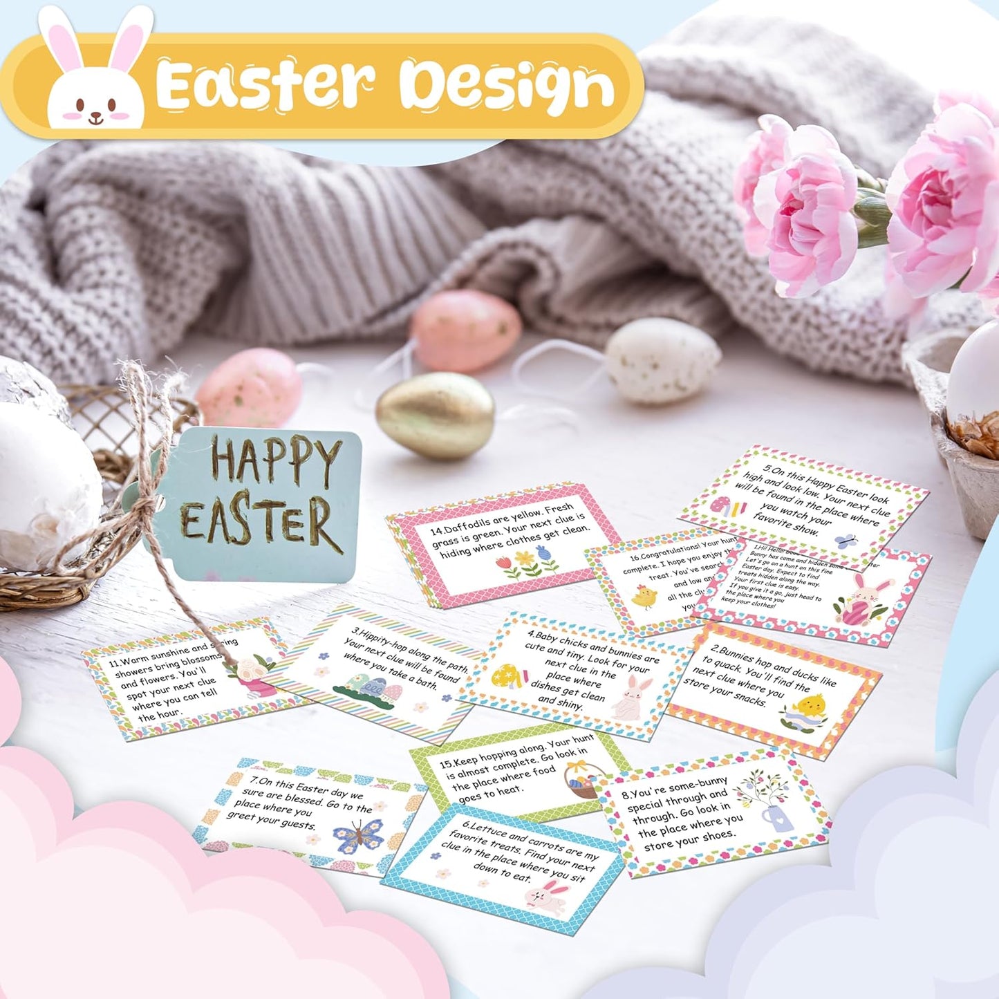 Nature Scavenger Hunt Cards, Bunny Easter Egg Hunt Clue Cards for Adults Family Friends, Spring Camping Treasure Riddle Party Game Indoor Activities - A01