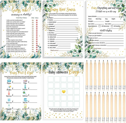 Yinder 145 Pcs Baby Shower Games Activities Cards with 20 Pencils Includes Baby Bingo Description and Wishes Guess Who Price is Right Word Scramble Game(Here Comes the Son)