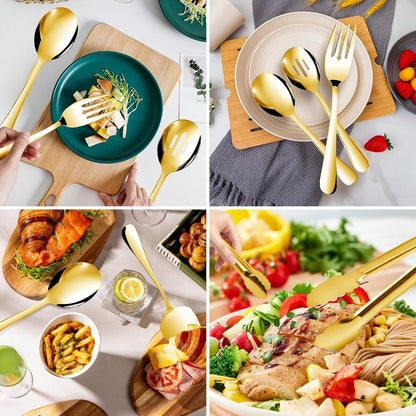 14PCS Serving Utensils - Hostess Serving Utensils Set, Premium Stainless Steel 8.7 inch Serving Utensils, Slotted Spoons, Fork, Tongs, Cake Pie Server for Buffet, Wedding, Dinner (Silver)