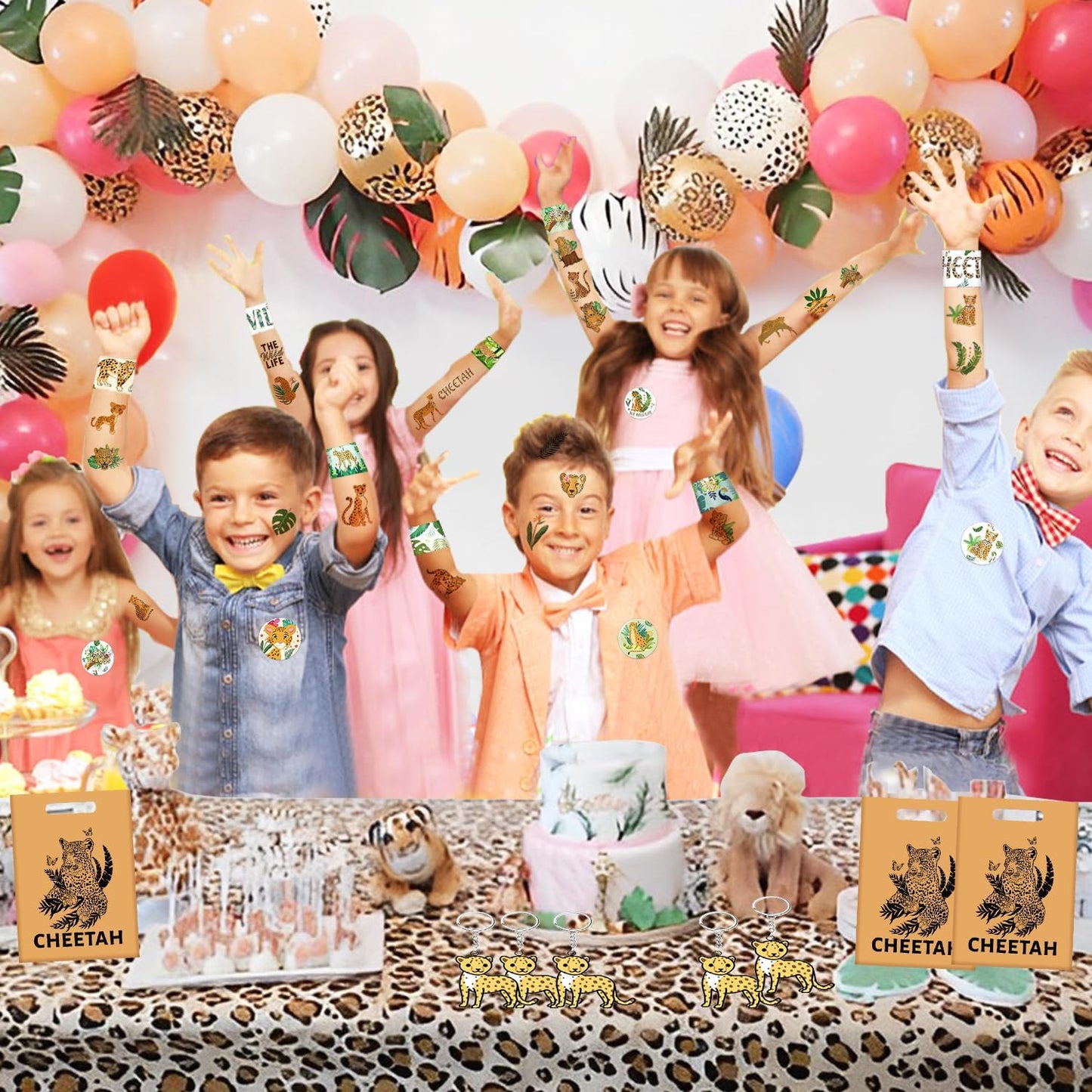 Cheetah Party Favors Cheetah Theme Slap Bracelets Key Chains Badge Temporary Tattoos Gift Bags for Kids Jungle Leopard Cheetah Birthday Party Baby Shower Safari Party Supplies