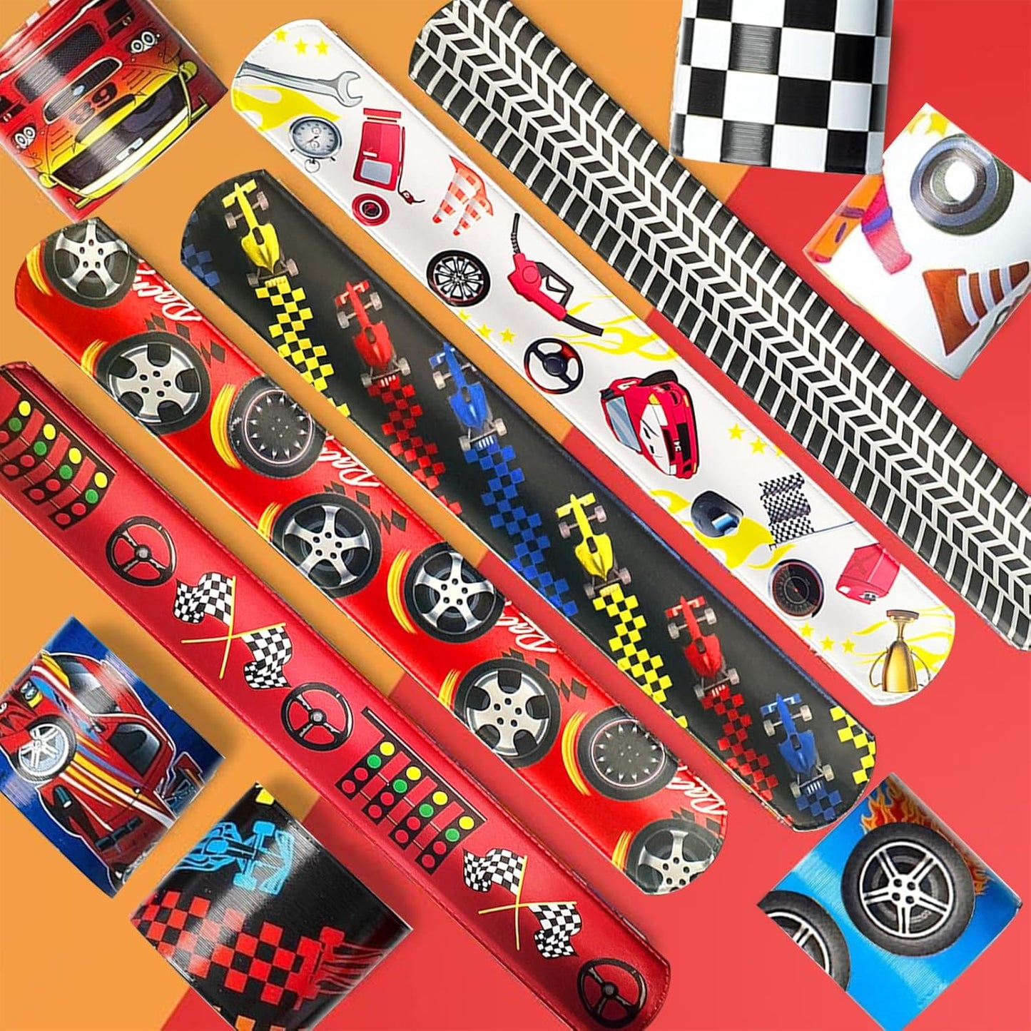 CZWXOXO 74 Pcs Racing Theme Party Favors 24 Pcs Slap Bracelets 50 Pcs Stickers Racing Birthday Party Decorations，Classroom Rewards Supplies
