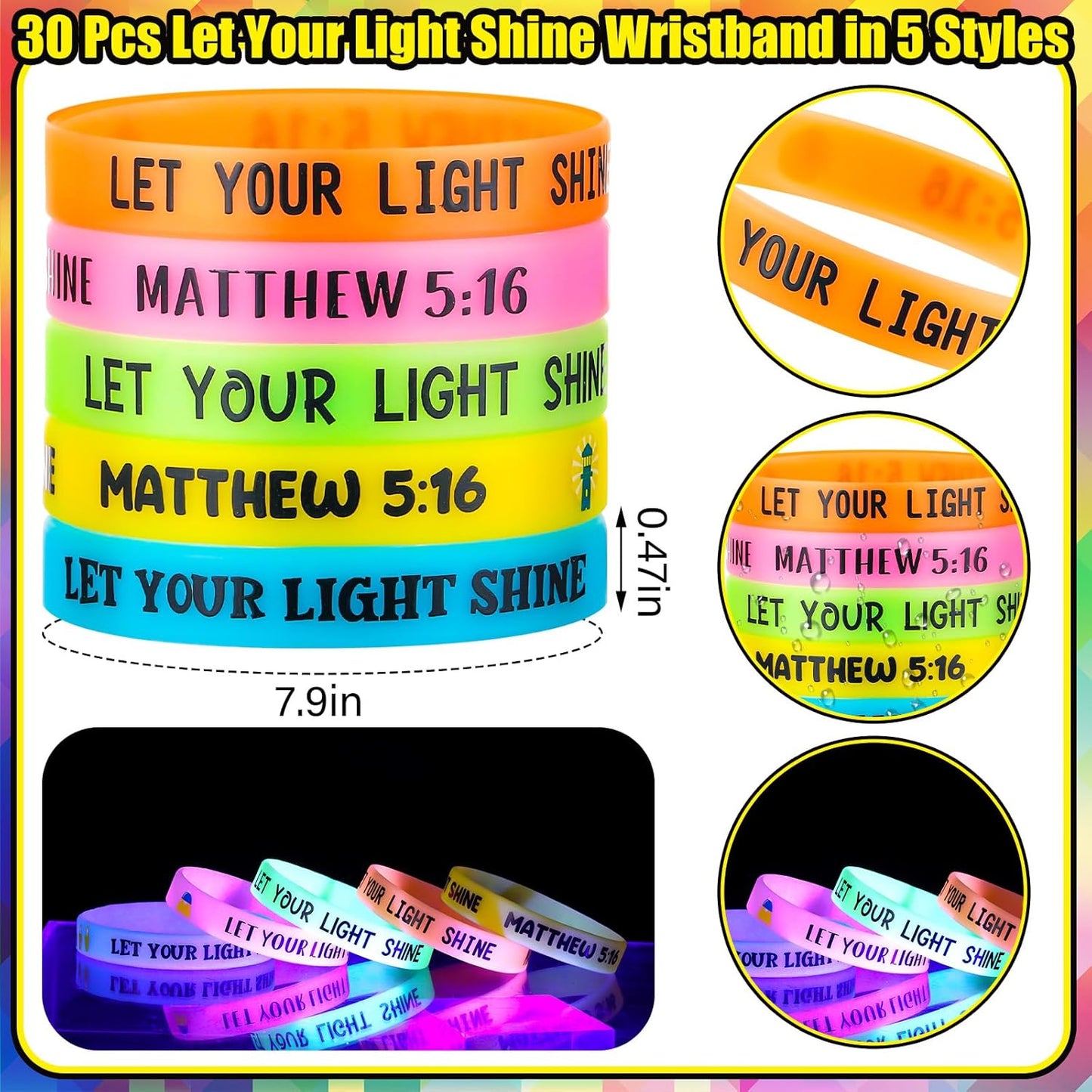 30 Sets/ 60 Pcs Christian Bracelets Gift Let Your Light Shine Matthew 5: 16 Wristbands with Bible Verse Card Glow in the Dark Religious Gifts Easter Church Sunday School VBS Christmas Favors