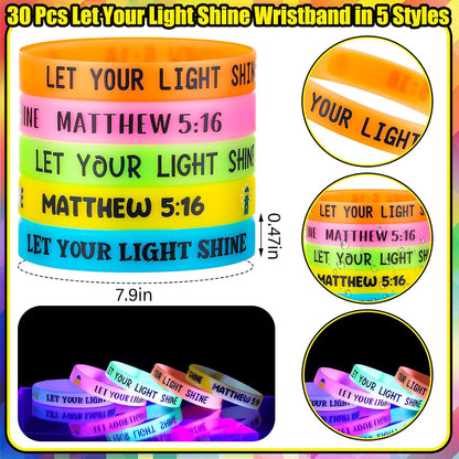 30 Sets/ 60 Pcs Christian Bracelets Gift Let Your Light Shine Matthew 5: 16 Wristbands with Bible Verse Card Glow in the Dark Religious Gifts Easter Church Sunday School VBS Christmas Favors