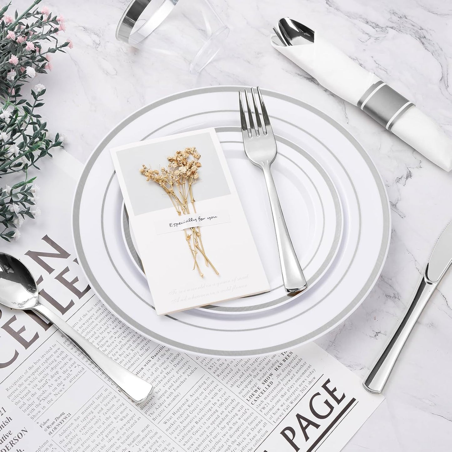 BESTVIP 350PCS Gold Plastic Dinnerware Set, Disposable Party Plates for 50 Guests, Include: 100 Plastic Plates, 50 Pre Rolled Napkins with Gold Silverware, 50 Cups