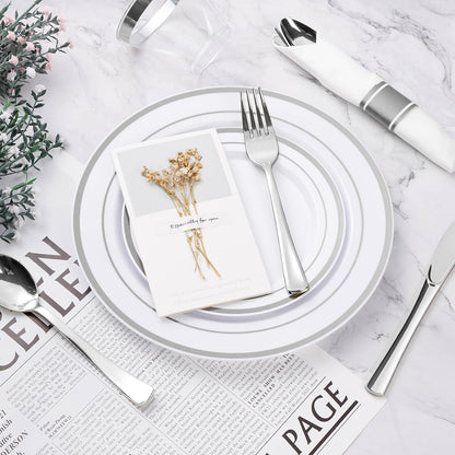 BESTVIP 350PCS Gold Plastic Dinnerware Set, Disposable Party Plates for 50 Guests, Include: 100 Plastic Plates, 50 Pre Rolled Napkins with Gold Silverware, 50 Cups