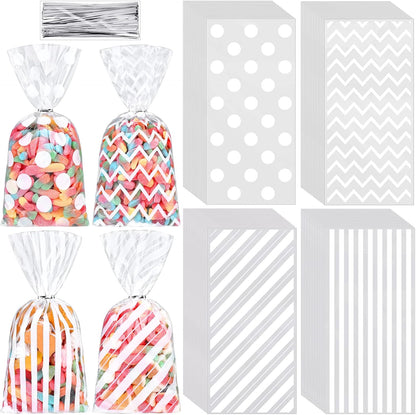 Aodaer 100 Pieces 10.6 x 5.1 In White Cellophane Bags Plastic Candy Gift Bag Cellophane Treat Bags with Twist Ties Stripes Polka Dot Printed Pattern Goodie Bag for Birthday Weddings Party Favors