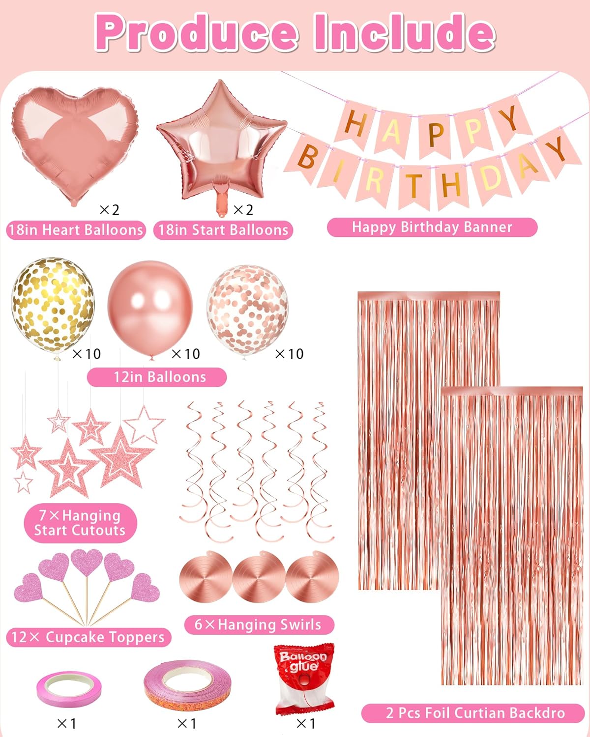 Lutoys Rose Gold Happy Birthday Party Decorations, Happy Birthday Banner, Rose Gold Foil Heart Star Confetti Balloons Curtain Backdrop Hanging Swirls Party Decor for Girls Women Princess