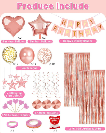 Lutoys Rose Gold Happy Birthday Party Decorations, Happy Birthday Banner, Rose Gold Foil Heart Star Confetti Balloons Curtain Backdrop Hanging Swirls Party Decor for Girls Women Princess