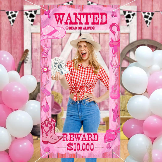 Large Cowgirl Party Decorations Wild West Pink Photo Banner Fun Frame Banner West Wanted Photo Booth Prop Wild Western Selfie Banner for Wild West Western Theme Birthday Party Game Decoration Supplies