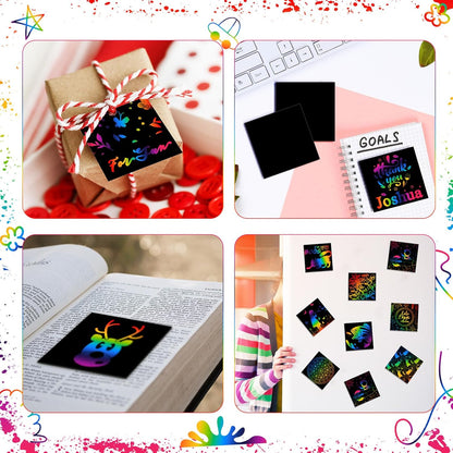 Lenwen Scratch Cards Rainbow Note Scratch Pads with 20 Bamboo Stylus for Adult Paper DIY Paper Craft Kits Birthday Party Favors Supplies(Rainbow Mix,500)