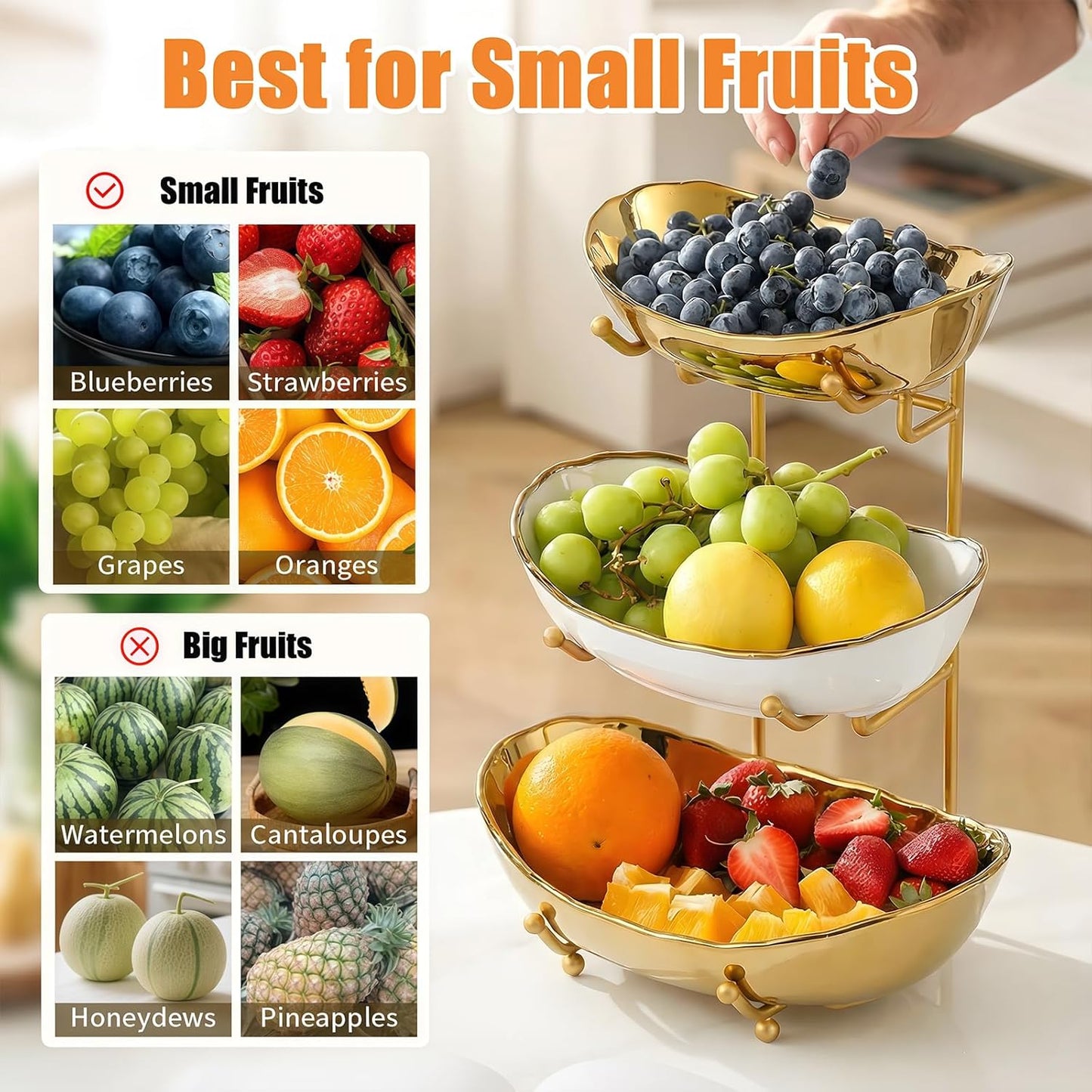 Ceramic Fruit Bowl for Kitchen Counter - 3 Tier Fruit Basket with Metal Stand, Tiered Fruit Stand for Countertop, Snack, Nuts, Cake, Dessert, Cute (Gold, Small) 1
