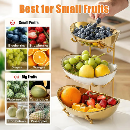 Ceramic Fruit Bowl for Kitchen Counter - 3 Tier Fruit Basket with Metal Stand, Tiered Fruit Stand for Countertop, Snack, Nuts, Cake, Dessert, Cute (Gold, Small) 1