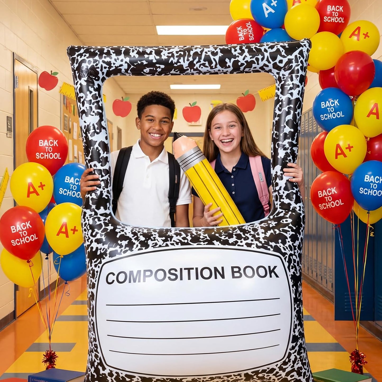 Back to School Decorations Inflatable Balloons Photo Booth Props Frame 40'' Apple Photo Props Pencil Selfie Frame Welcome First Day of School Picture Selfie for Party Decoration(Apple)