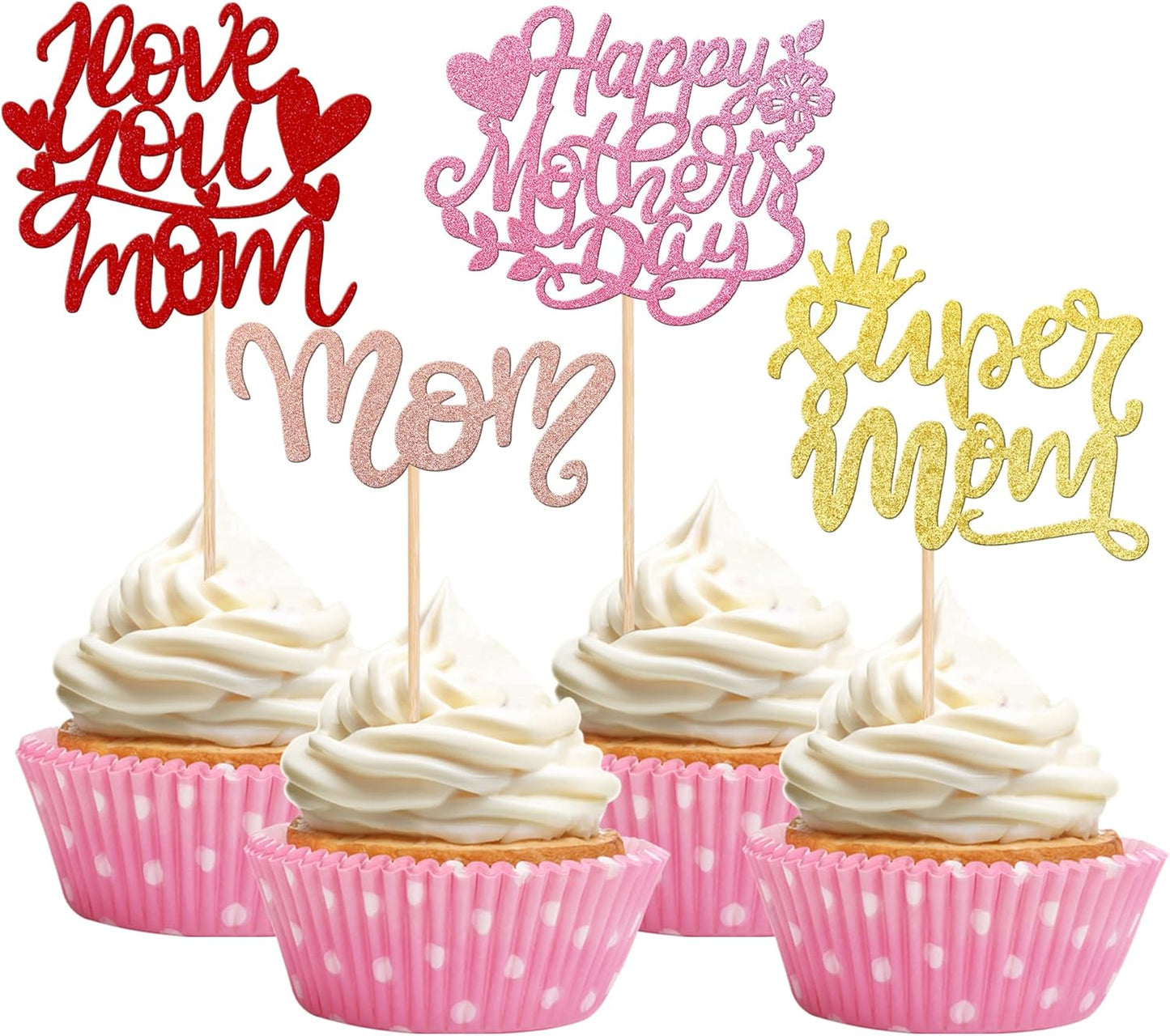 24 PCS Happy Mother's Day Cupcake Toppers with Glitter Heart Love Mother Best Mom Cupcake Picks for Happy Mother's Day Theme Women Birthday Party Cake Decorations Supplies Rose Gold