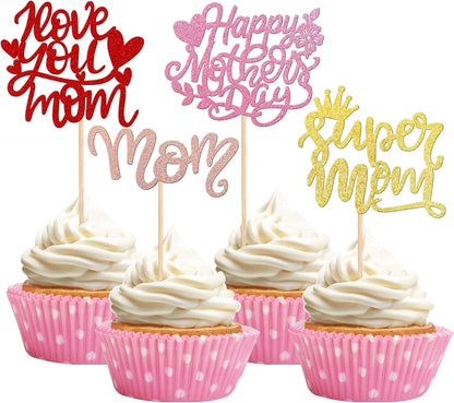24 PCS Happy Mother's Day Cupcake Toppers with Glitter Heart Love Mother Best Mom Cupcake Picks for Happy Mother's Day Theme Women Birthday Party Cake Decorations Supplies Rose Gold