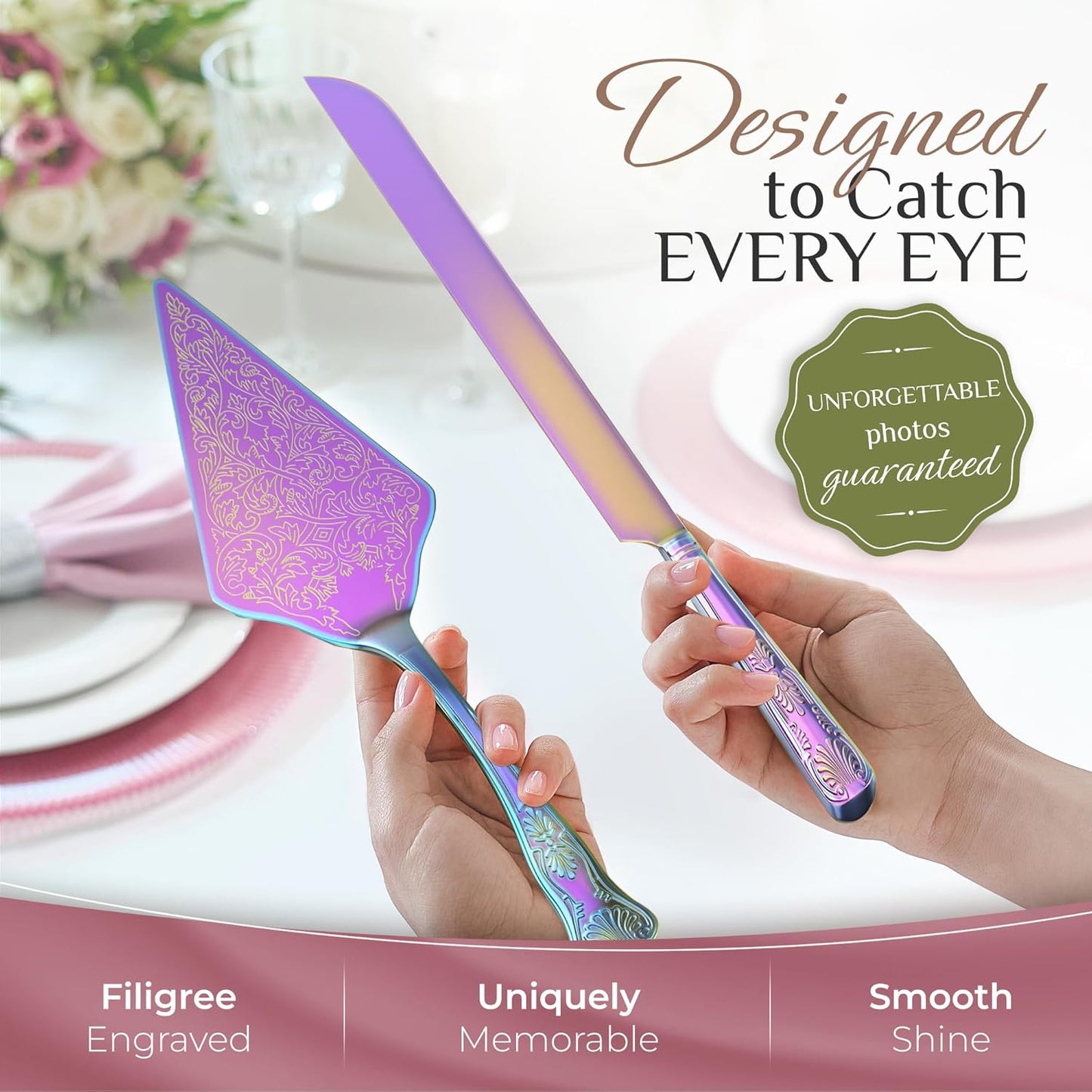 Orblue Wedding Cake Knife and Server Set - Premium, Beautifully Engraved Cutting Set - Elegant Keepsake for Newlyweds - Light Gold