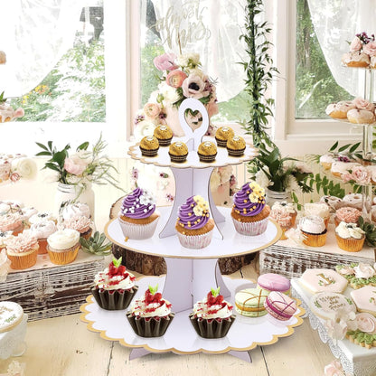 Soleebee 3-Tier Cupcake Stand, Cardboard Cupcake Tower, Cup Cake Stand Tower for Birthday Wedding Party Decoration, Cupcake Tier Stand Desserts Display 1 Set (Purple Gold)