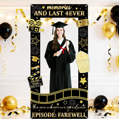 Graduation Decorations Class of 2026 Graduation Party Photo Booth Prop Black Gold Movie Background Congrats Grad Backdrop Banner for Middle High School College Party Decorations