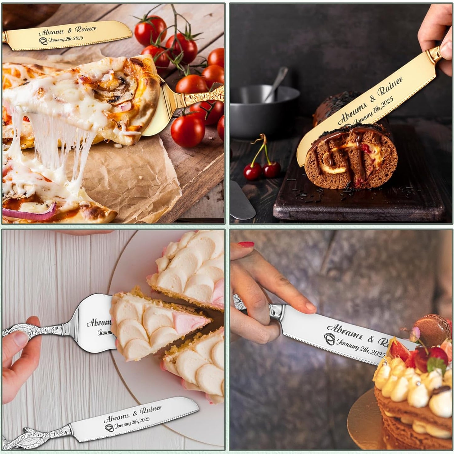 HJX Personalized Wedding Cake Knife and Server Set with Champagne Flutes, Custom Name Text Toasting Glasses for Bride and Groom, Cake Cutting Set Ideal Wedding Engagement Bridal Shower Gift