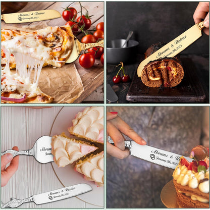 HJX Personalized Wedding Cake Knife and Server Set with Champagne Flutes, Custom Name Text Toasting Glasses for Bride and Groom, Cake Cutting Set Ideal Wedding Engagement Bridal Shower Gift