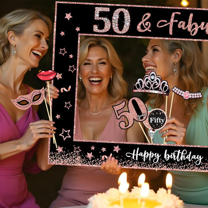 50th Birthday Decorations for Women Photo Booth Props, 25 Pcs 50th Birthday Decorations for Her Selfie Props Kit Black Rose Gold Happy Fifty Birthday Decorations Photo Booth Props