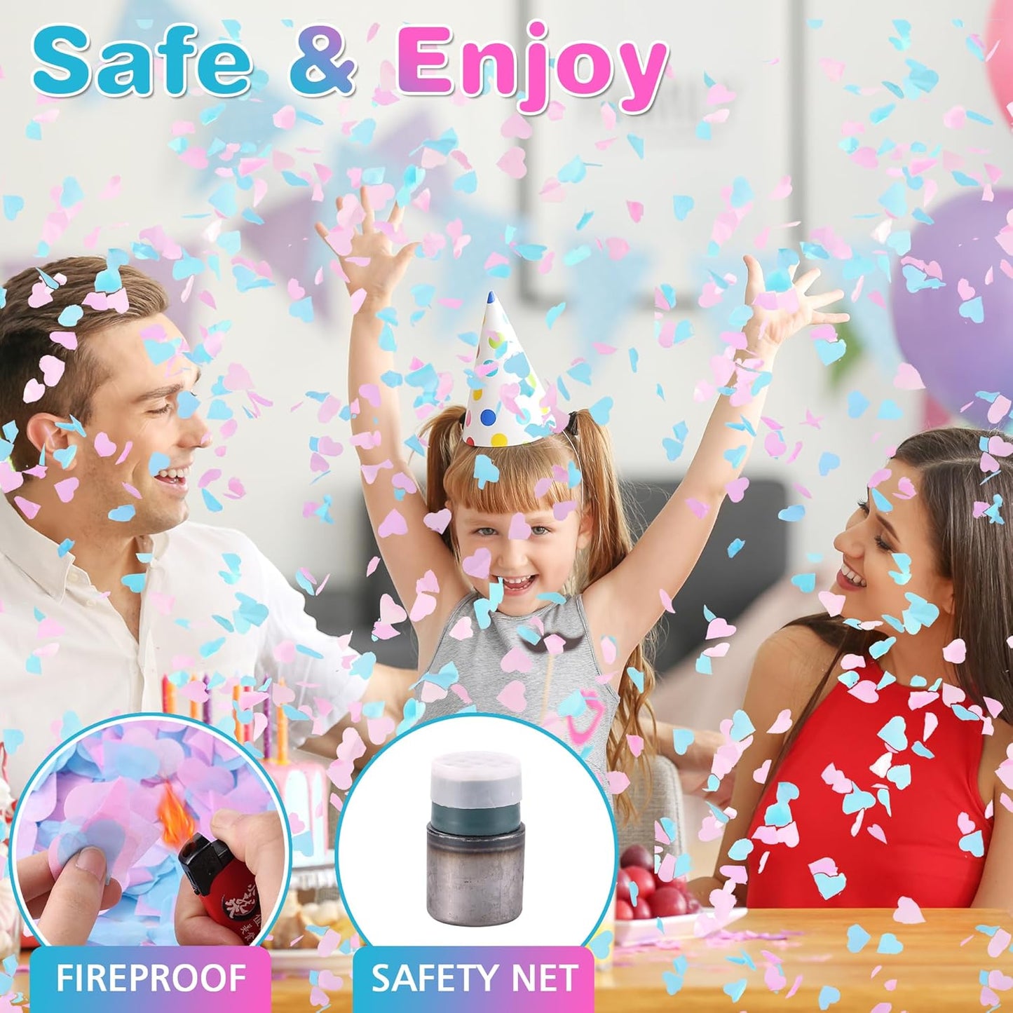 Gender Reveal Confetti Cannon, 4 Pack Biodegradable Confetti Paper with Cornstarch Powder, Confetti Blaster for Girl Gender Reveal, Party Poppers, Pink