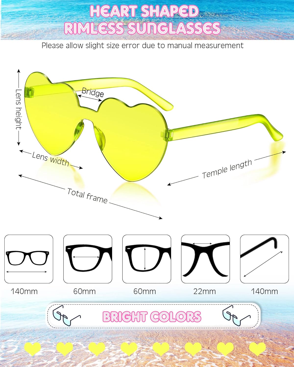 Frienda 8 Pairs Heart Shaped Sunglasses for Women Rimless Heart Glasses Candy Color Sunglasses for Party Favor