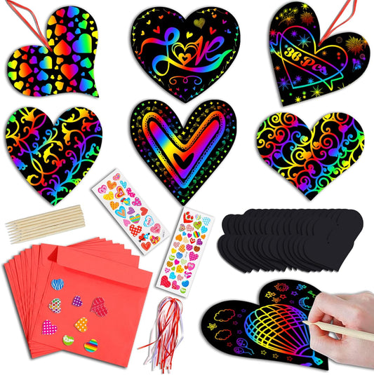 Natonhi 36 Pack Valentines Day Gifts Card,Heart Rainbow Scratch Art Paper Valentine Crafts Party Favors Classroom Exchange Prizes