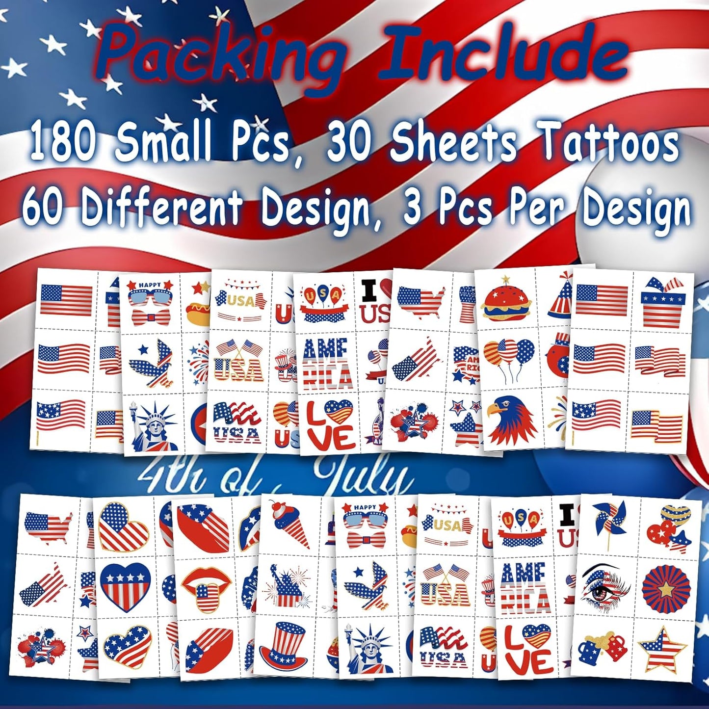 180Pcs Patriots-Tattoos Red-White and Blue - 4th of July American USA Flag Tattoos Individually Sheets Fourth of July Stickers Independence/Memorial/Labor Day Party Decorations Favors