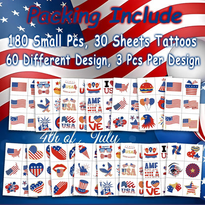 180Pcs Patriots-Tattoos Red-White and Blue - 4th of July American USA Flag Tattoos Individually Sheets Fourth of July Stickers Independence/Memorial/Labor Day Party Decorations Favors