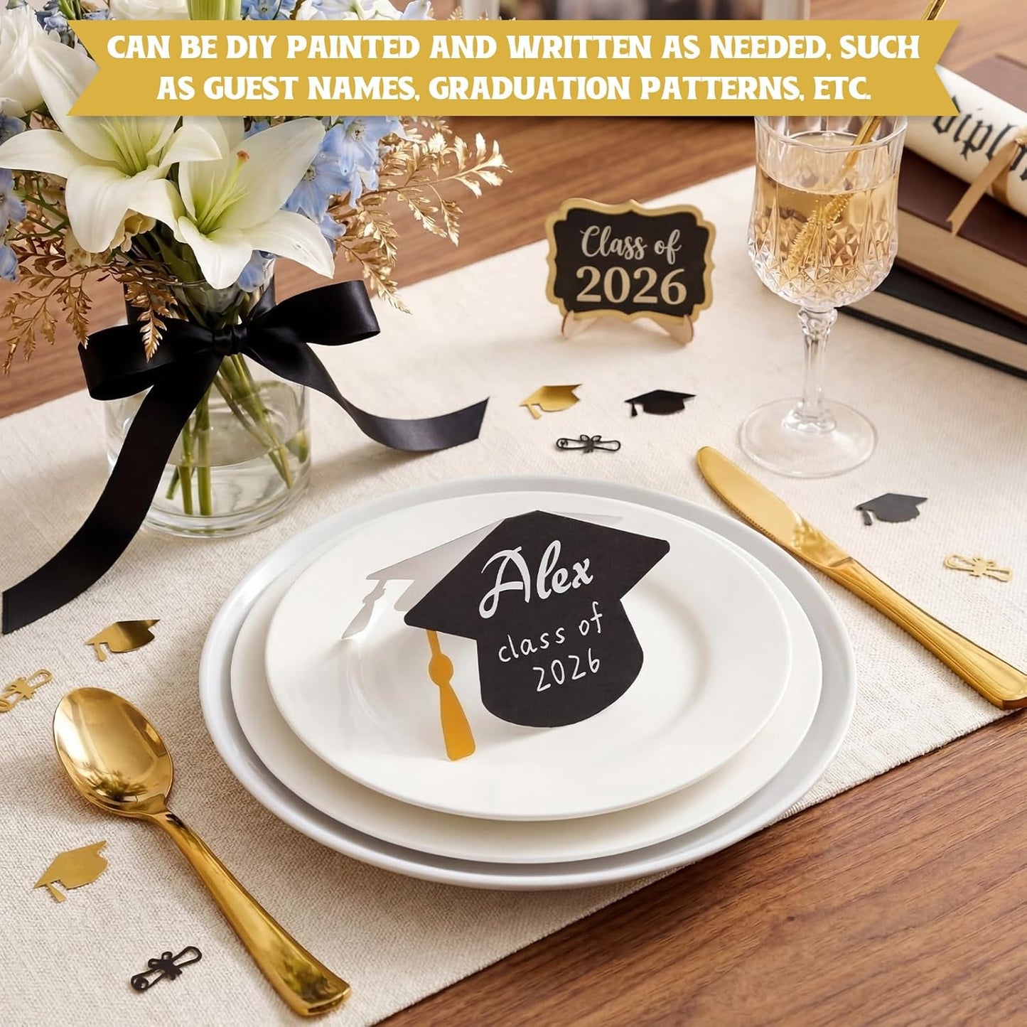 Colarr 2026 Graduate Place Cards with 2 Silver Marker Pen 50 Pcs Black Grad Caps Buffet Food Labels Congrats Grad Folded Tent Name Cards for Graduation Party Table Setting Decorations Supplies