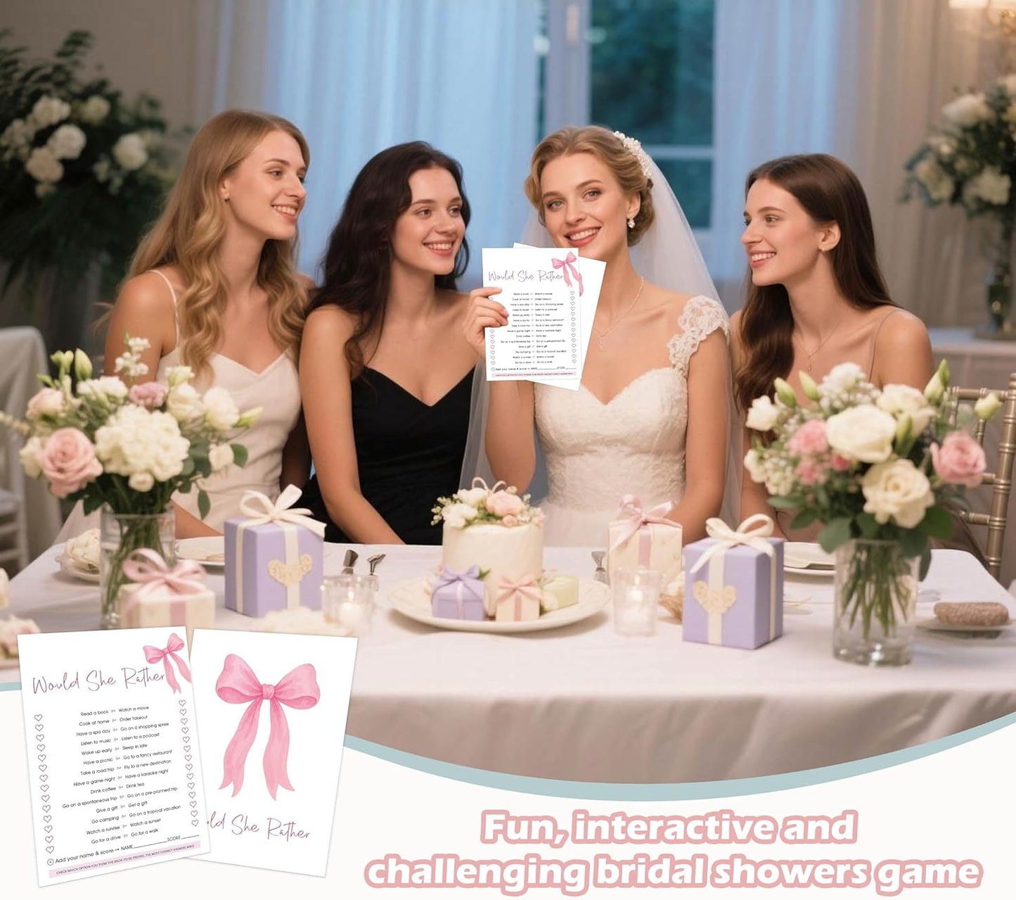Pink Bow Bridal Shower Bingo Game with Blank Squares, Pack of 30 Game Cards, Bridal Shower Decorations, Wedding Engagement Decor, Bachelorette Party Supplies - KR05